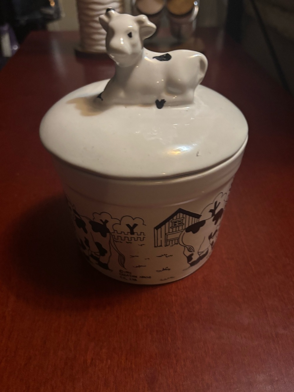 Ceramic Cow Lidded Jar - White and Black Farmhouse Decor
